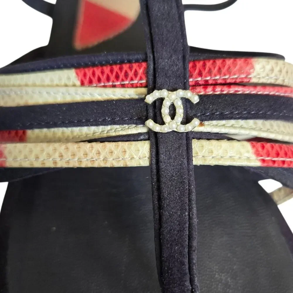 Chanel CC Pearl Logo Quiet Luxury Minimalist Navy Blue Gladiator Sandals 37.5